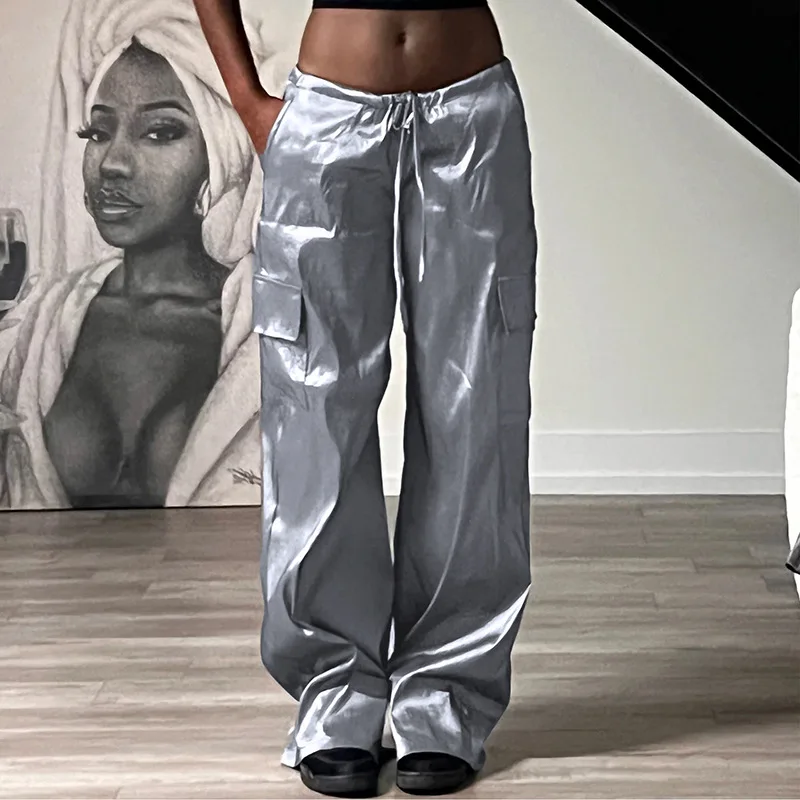 

Silver Gray Y2K Women's Knitted Soft Satin Cargo Pants Girl Oversized Wide Leg Casual Trousers