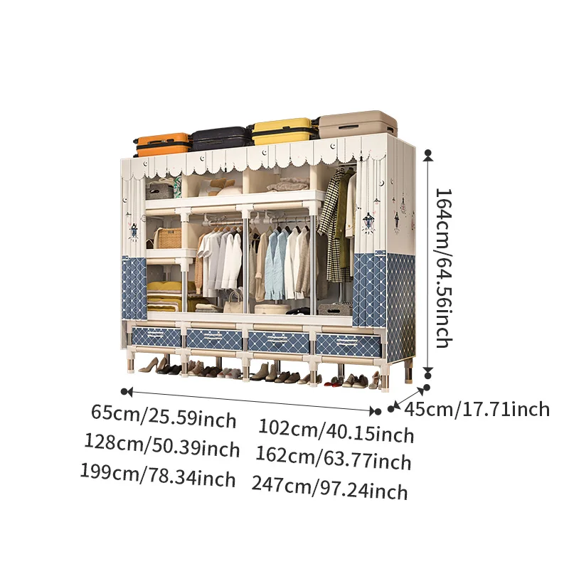 Storage Cabinet Spacious Durable Stainless Steel Wardrobe with Dustproof Cover for Bedroom Dorm Home