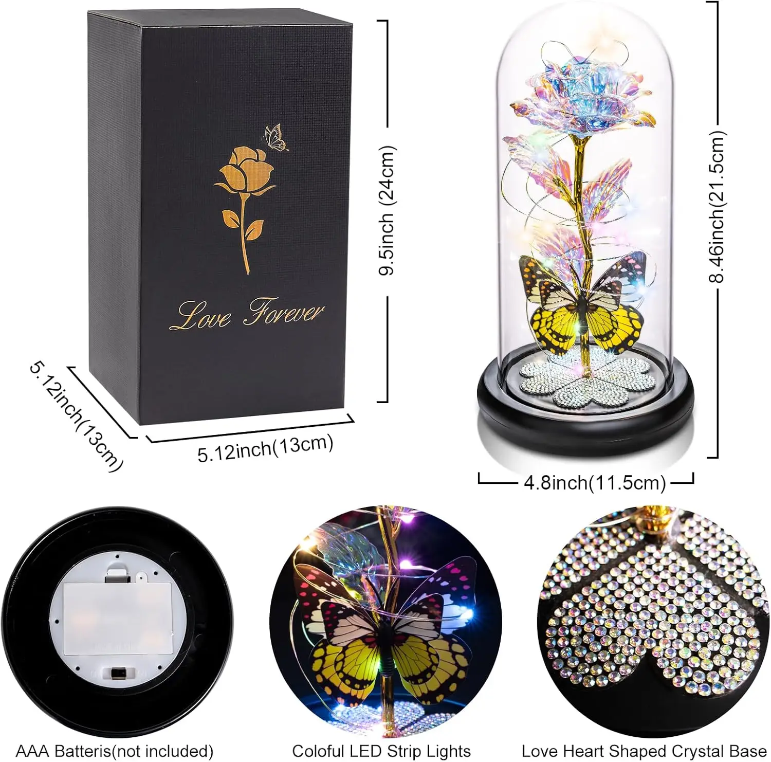 Enchanted Galaxy Glass Rose with Illuminated Crystal Flower and Butterfly Moth in Glass Dome