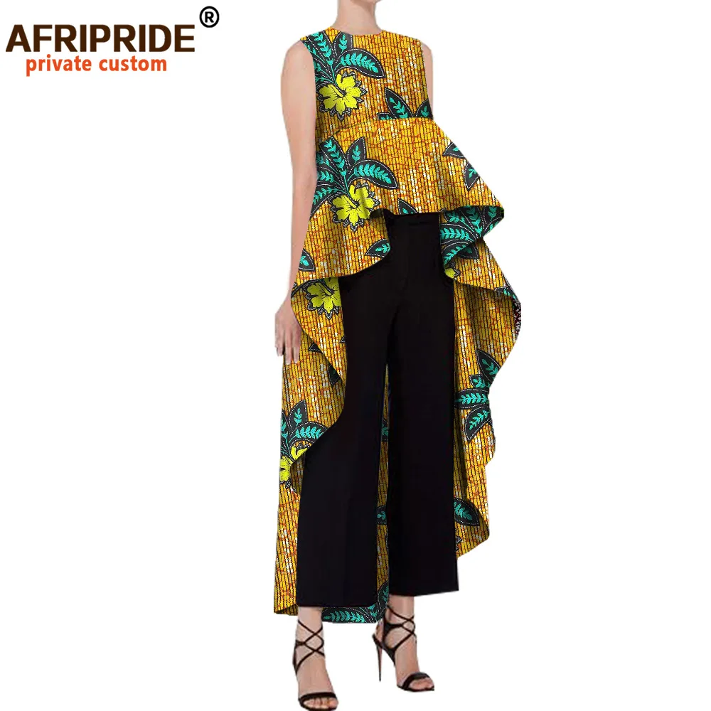 2022 Spring&autumn African Coat for Women AFRIPRIDE Sleeveless Ruffles O-neck  Women Wax Cotton Coat Ankle Length Back A1824004