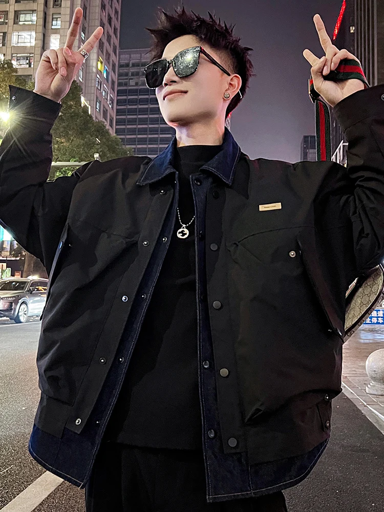 Fashionable Men's 2023 New Winter Down Cotton-Padded Coats Trendy Male Handsome Denim Patchwork Cotton-Padded Jacket Coats