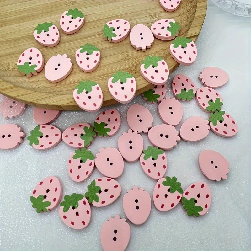 스크랩북, 바느질, DIY 공예용 빨간색과 분홍색 딸기 모양 나무 단추 100개 - 사계절 장식