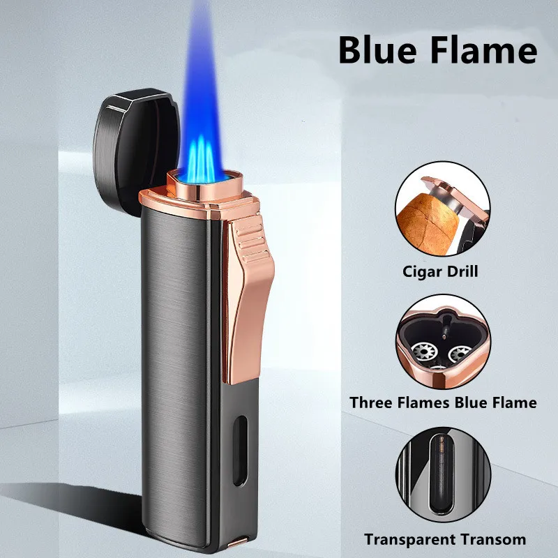 

Butane Gas Lighter Outdoor Windproof Turbo 3 Torch Blue Flame High Pressure Jet Cycle Use Multifunctional Cigar Lighter Gift