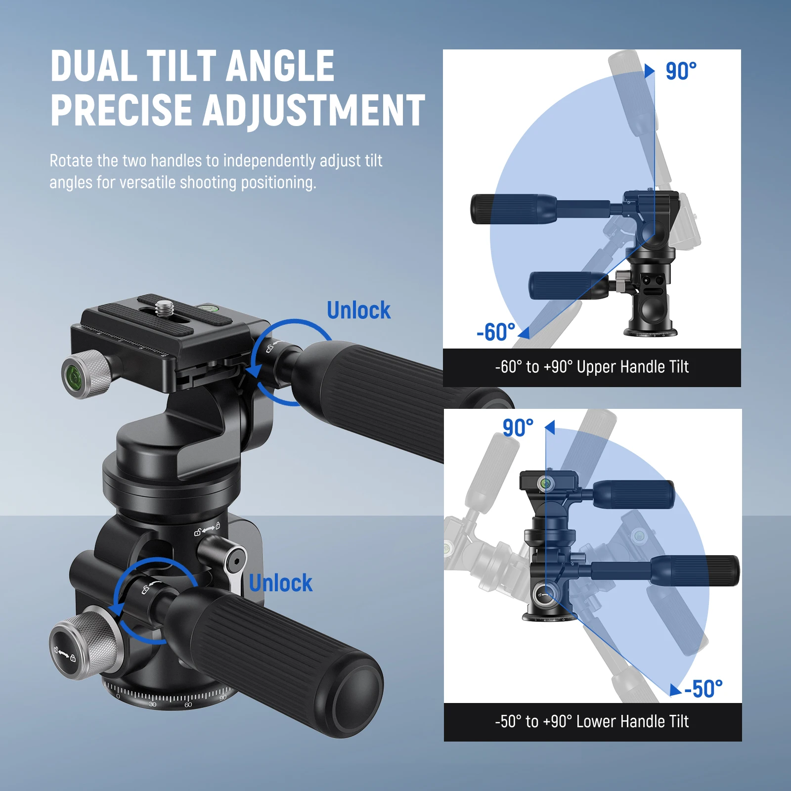 NEEWER 3 Way Tripod Head Pan/Tilt with &plusmn;15&deg; Leveling Bowl Base 3 Axis Photography Fluid Head with Precise Damping Friction