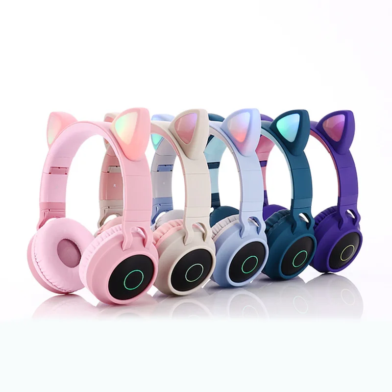 Cute Cat Ears Headset Pink Girl Wireless Headphones Rgb With Microphone