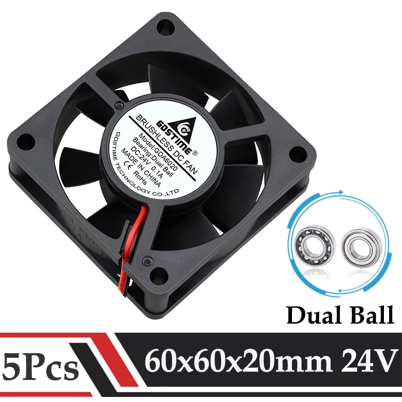 5Pcs/Lot Gdstime 24V 60x60x20mm 60mm Dual Ball DC Brushless Industrial Case Cooling 6020 6cm Axial Exhaust 3D Printer Cooler Fan gdstime 1 piece 12v 60x60x15mm dual ball radiator 60mm x 15mm dc brushless cooling fan 6015 6cm 2pin computer pc cpu cooler