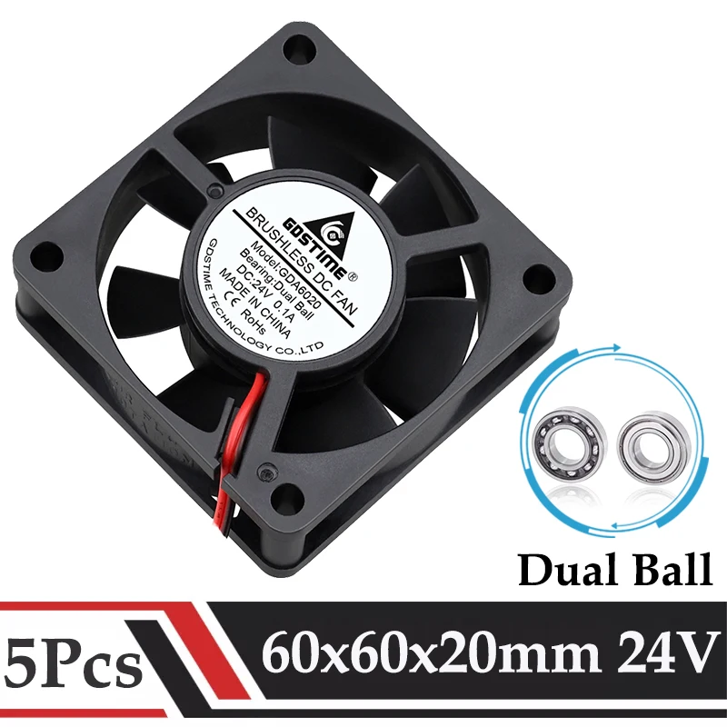 Gdstime 24v 60x60x20 mm 60 mm Dupla Bola dc Brushless Estojo de Arrefecimento 6020 Centímetros Axial Exaustor 3d Impressora Industrial Ventilador Refrigerador Peças Lote