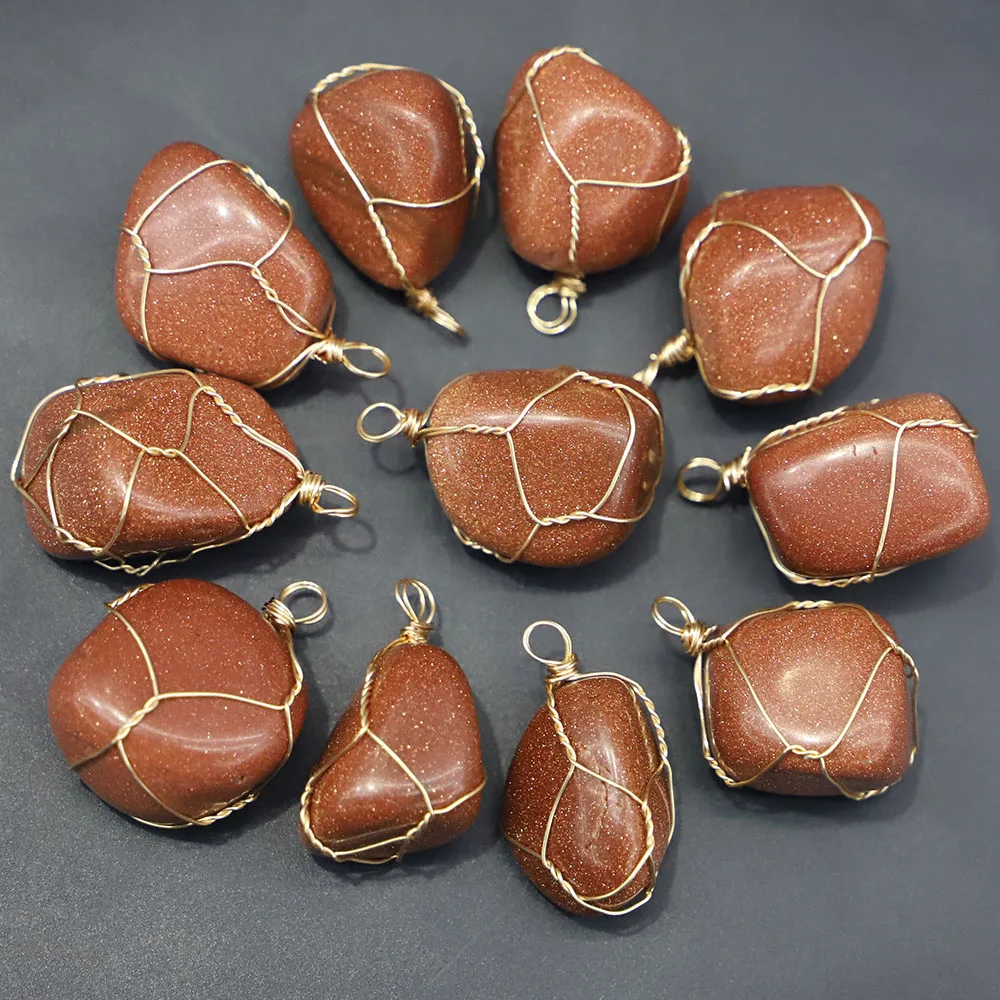 Natural Stone Gold Line Wire Winding Necklace Pendants Irregular Multicolor Quartz Crystal Agate Charms Jewelry Accessories 8Pcs