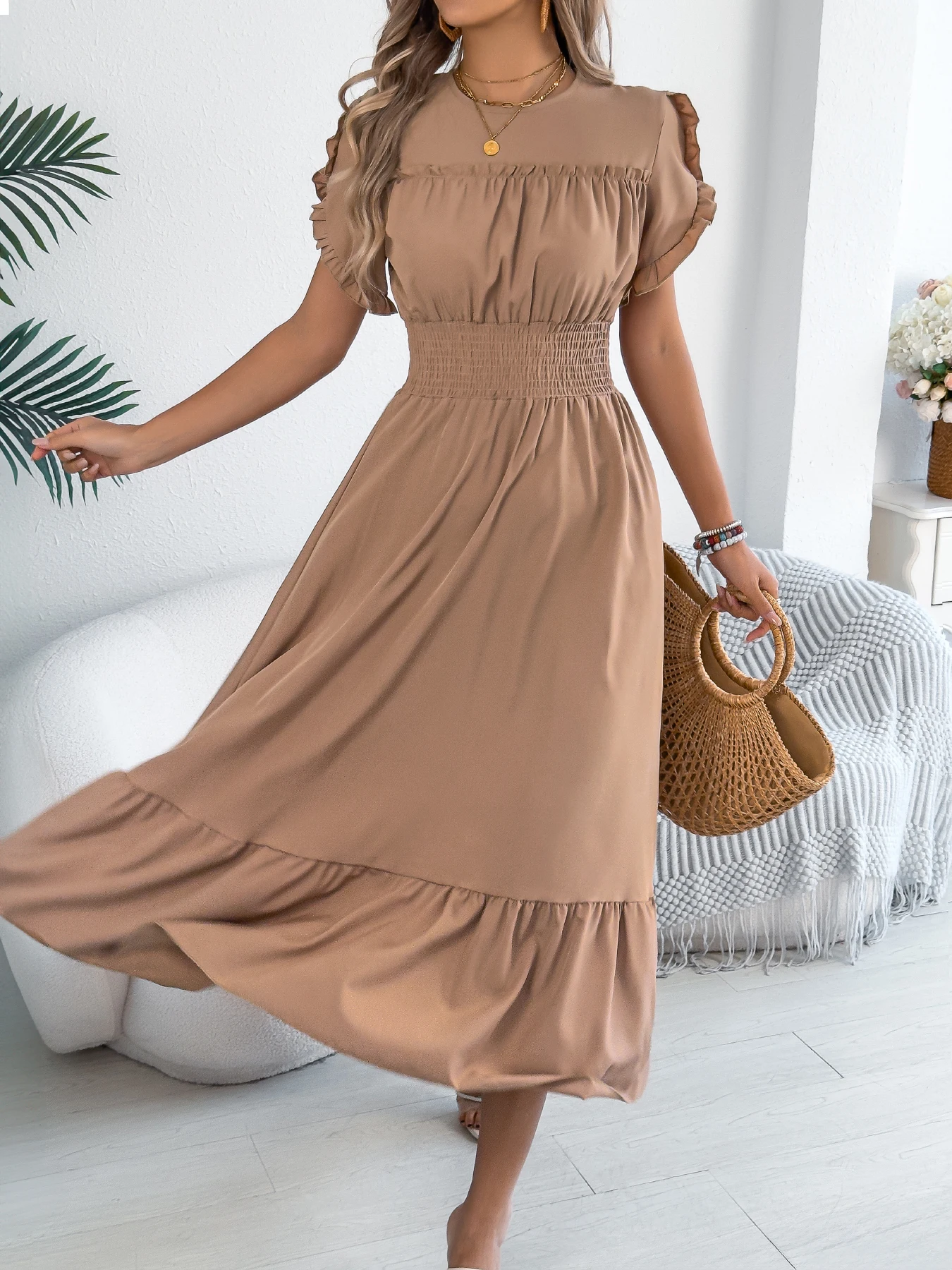 Women's Round Neck Ruffled Waist Cinched Maxi Dress