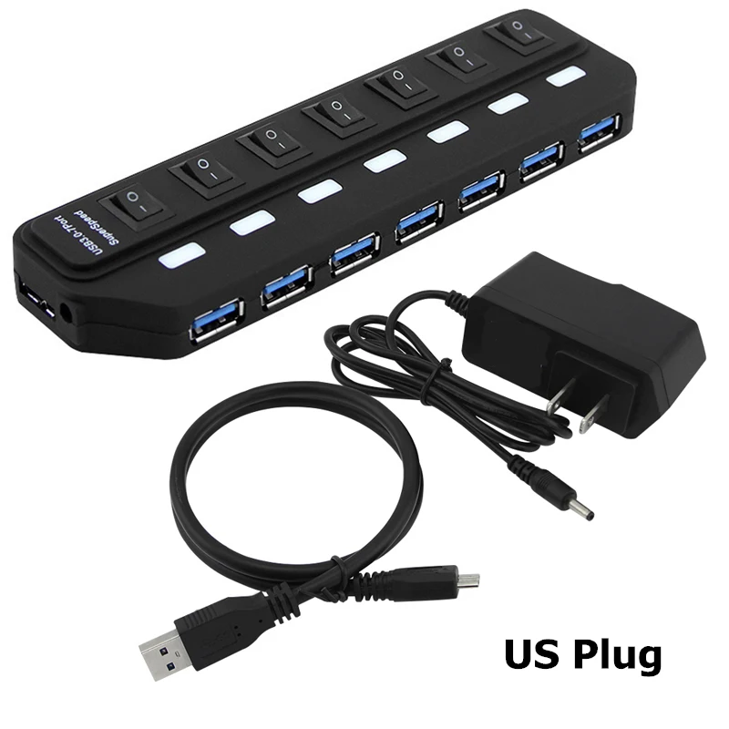 High-Speed 7-Port USB 3.0 Hub with Power Adapter and Extended Cable
