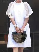 Vintage Ruffle Short Sleeve Sundress ZANZEA 2025 Summer Women Mini Dress Mesh Patchwork Party Casual Loose Dresses Solid Vestido