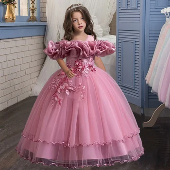 New Elegant Girl Party Dress Long Wedding Bridesmaid Dress 4-13 Year Old Mesh Embroidered Graduation Ball Evening Dress 1