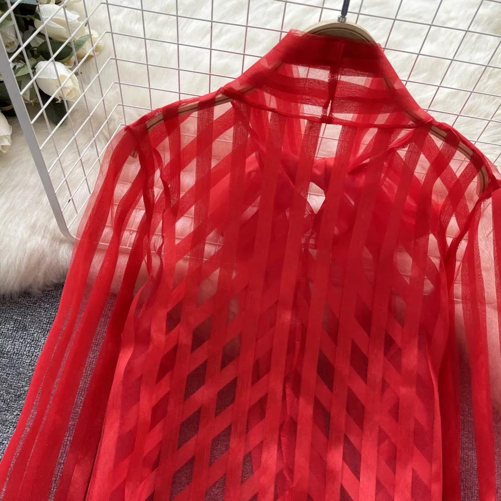 red mesh blouse
