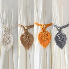 Bohemian Hand-woven Curtain Tie Rope Tassel Leaf Wall Hanging Wooden Bead Decorative Buckle Nordic Cotton Rope Strap Ornaments