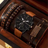 4pcs Quartz Watches Bracelet Watch Set For Men Business Fashion Casual Round Pointer Calendar Watch Accessories 2