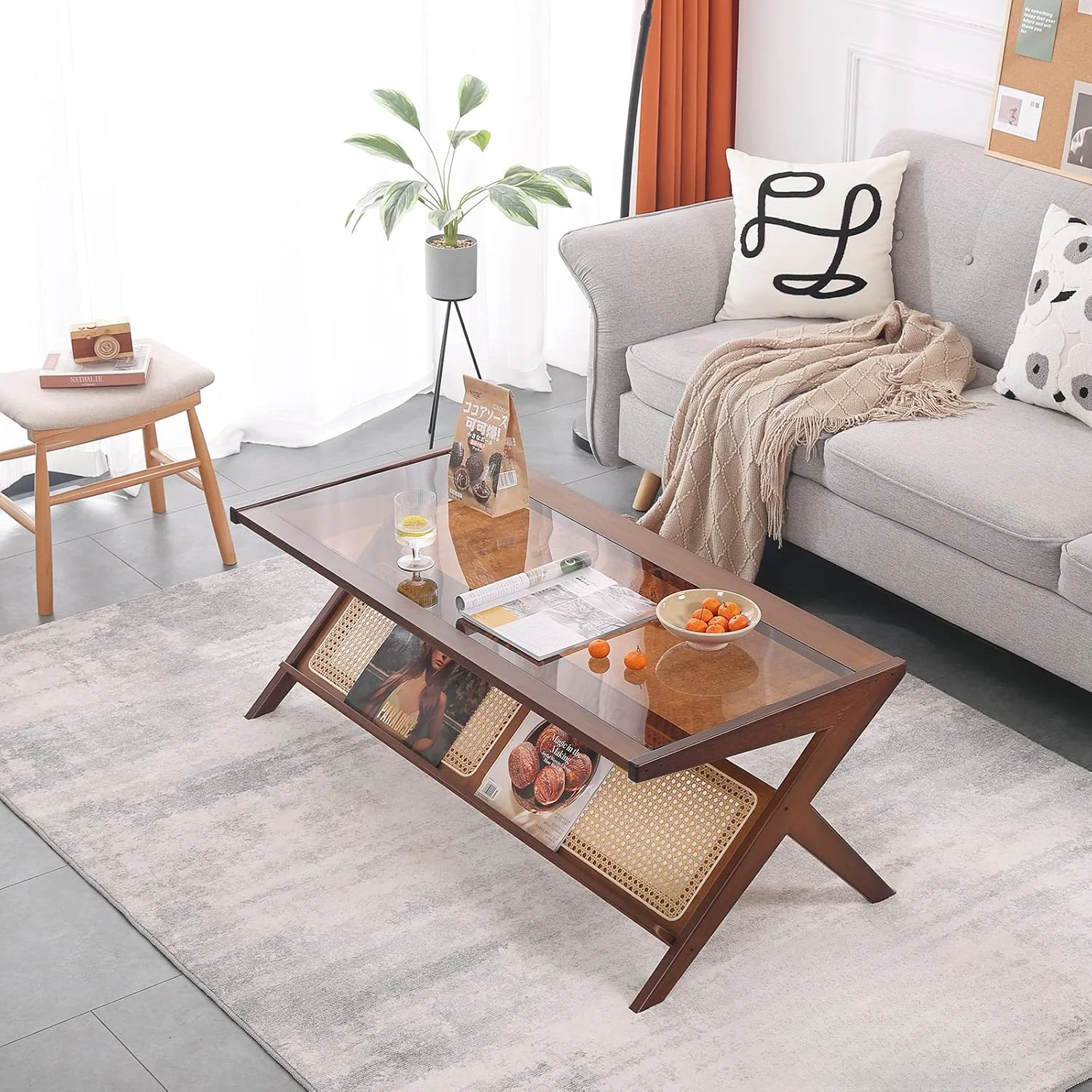 Coffee Table, Glass Nightstand Side Table, Boho Wooden End Table with Storage for Living Room,Dining Room, Tea 5