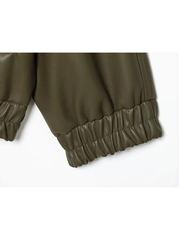 Winter Stand Collar Leather Jacket For Women Casual Full Sleeve Solid Color Zipper Loose Short Coat Lady Fashion Streetwear