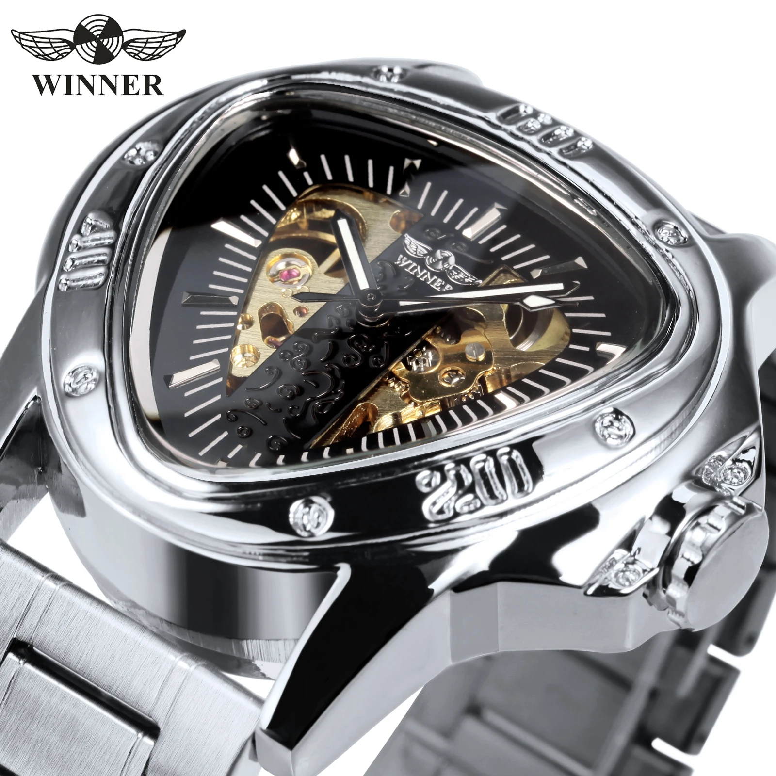 WINNER Triangle Skeleton Watch Luminous Hands Gold Black Stainless Steel  Strap Clock 526G
