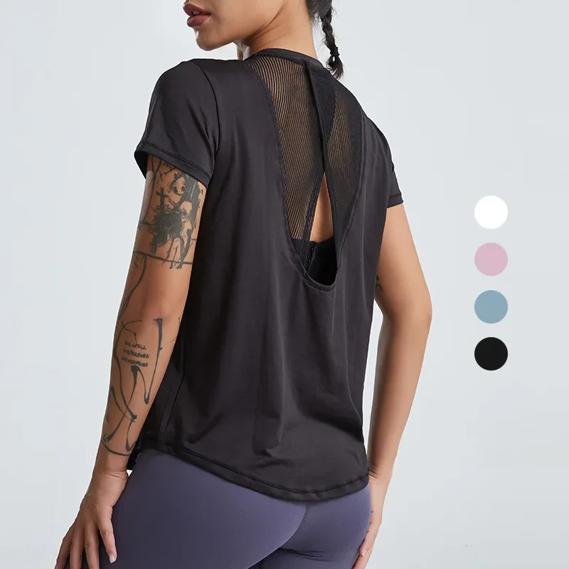 Loose Yoga Clothes Tops Short-Sleeved Running Quick-Drying T-Shirts Short Sports Hollow Fitness Women's