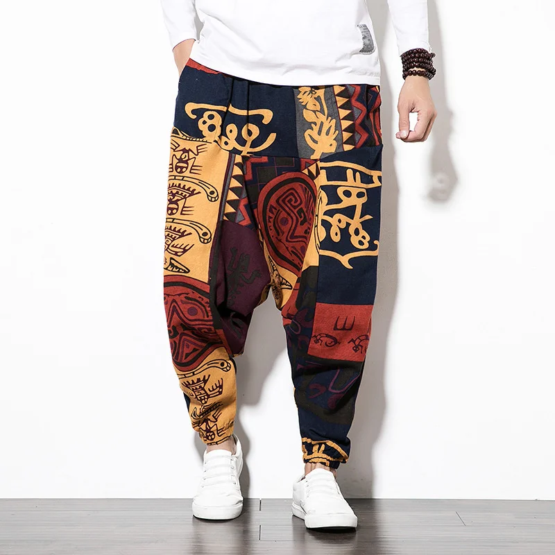 

Cotton Linen Harem Pants Men Elastic Waist Streetwear Floral Joggers 2022 New Baggy Drop-crotch Pants Casual Trousers Men