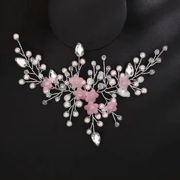 Trendy Pink Flower Headband for Women Handmade Bridal Hair Accessories Silver Pearl Wedding Headpiece Ornaments Crystal Tiaras