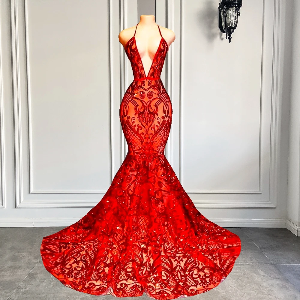Long Sexy Prom Dress 2022 Halter Mermaid Style Backless Sparkly Red Sequin Black Girls Prom Gala Gowns simple prom dresses