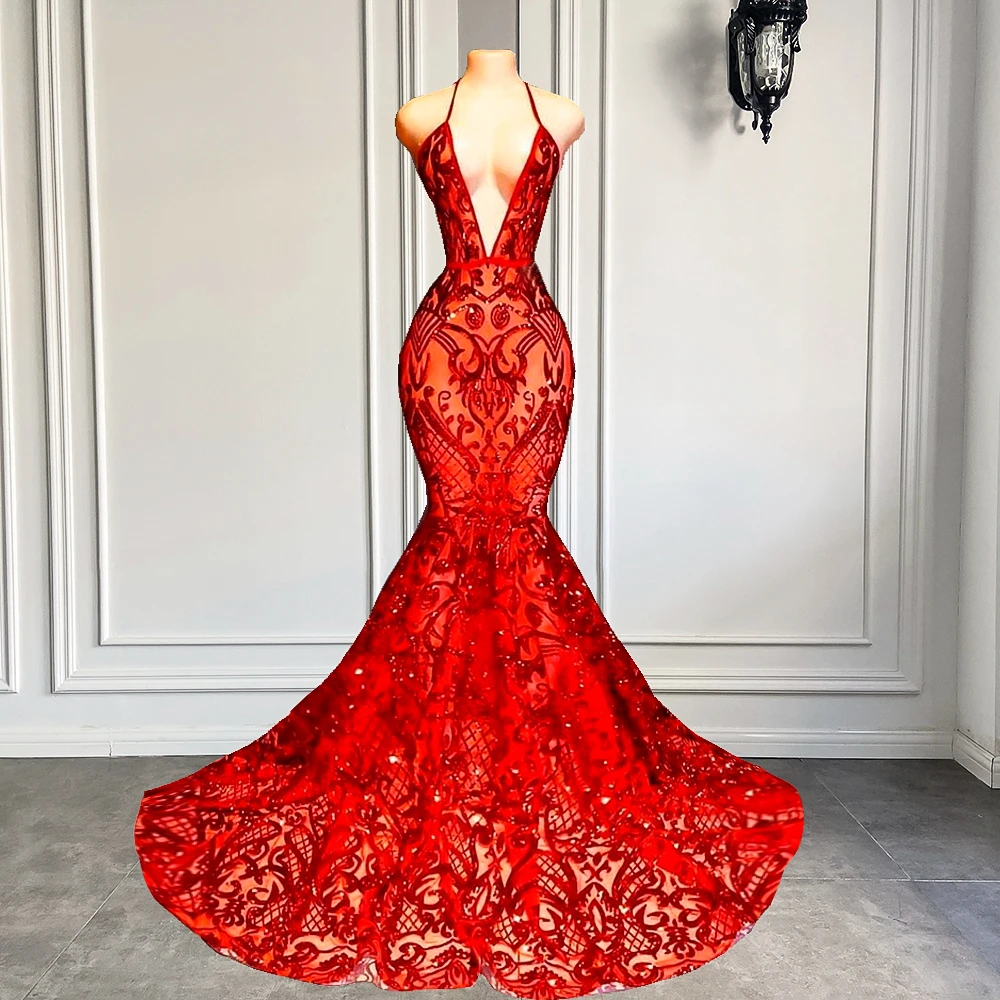 Long Sexy Prom Dress 2022 Halter Mermaid Style Backless Sparkly Red