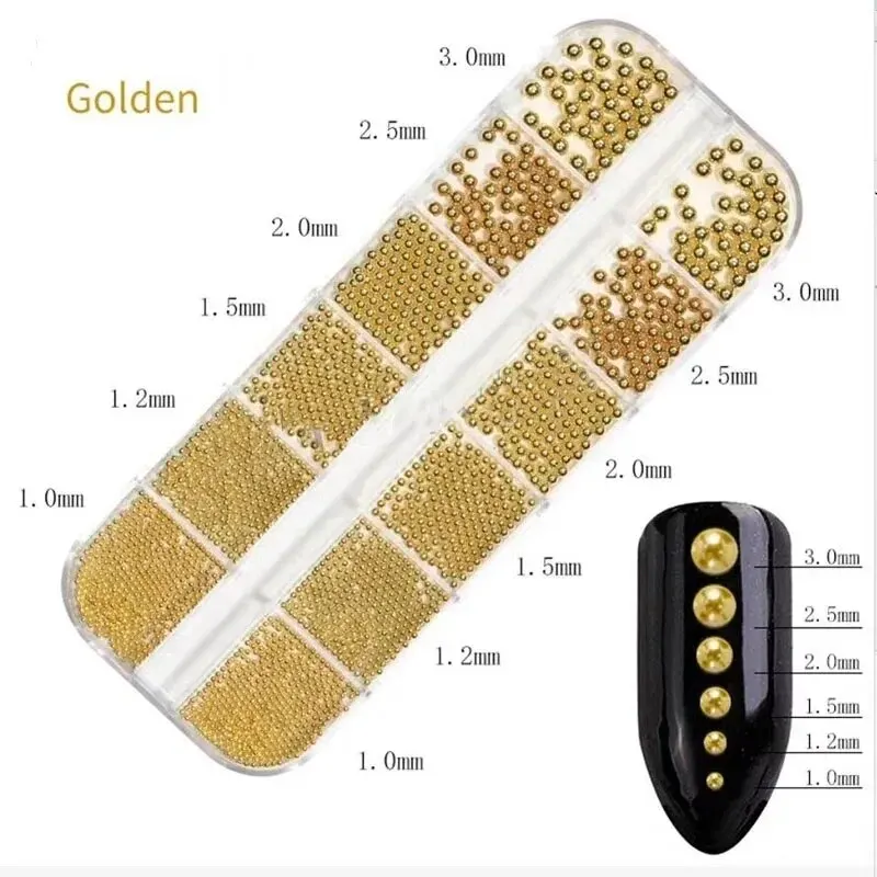 1 상자 6 크기 0.8-3.0mm 금속 구슬 라운드 골드 실버 로즈 네일 아트 장식 DIY 매니큐어 손톱에 대 한 마이크로 스틸 볼 스 터 드