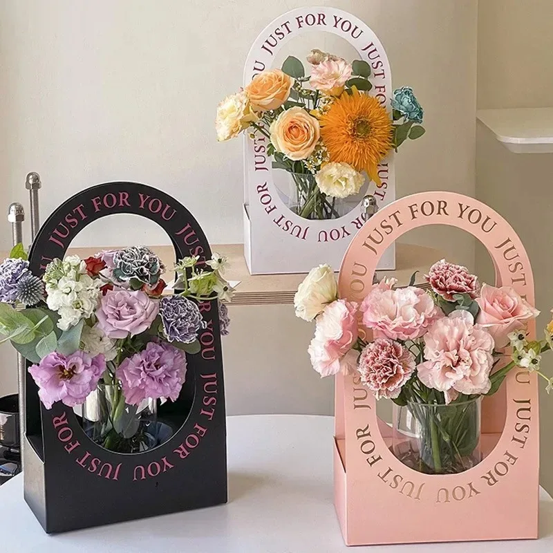 Foldable White Cardboard Handheld Flower Gift Bags for Wedding Party