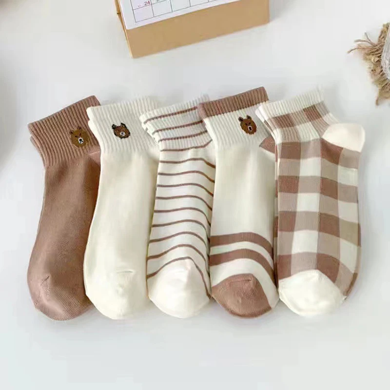 

5 Pairs Teddy Bear Ankle Socks, Comfy Cute Crew Short Socks, Women's Stocking & Hosiery