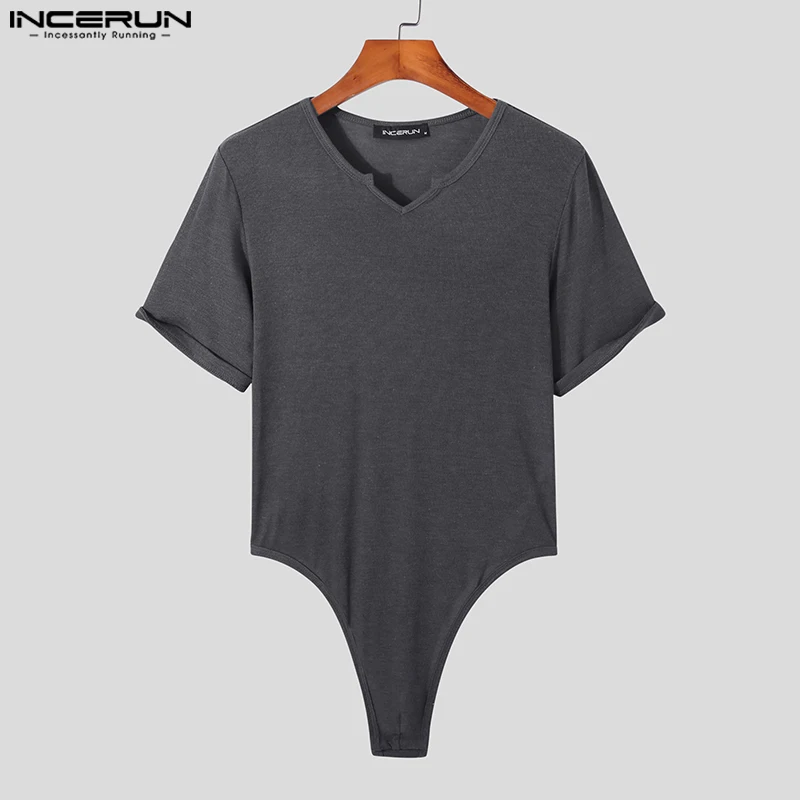 Men Bodysuits Solid Color V Neck Short Sleeve Pajamas Sexy Homewear Rompers Fashion Fitness Men Bodysuit INCERUN Plus Size