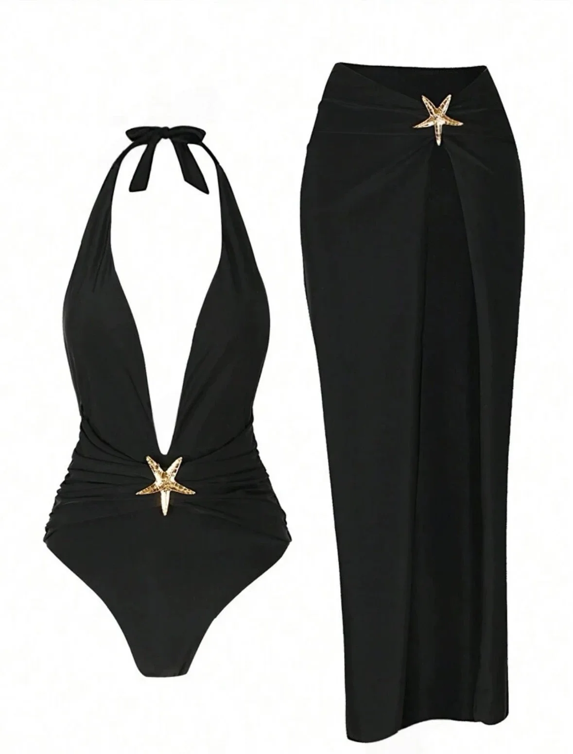 Sexy Two-Piece Pure Color Backless Swimsuit Set 2025 New Women's Fashionable Swimwear Sensual Design Polyester Fabric