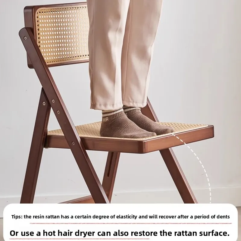 Wabi Sabi Rattan Chair Folding Bamboo Solid Wood Dining Chair Nordic Style Backrest Seat Rustic Home Kitchen Eating Chair