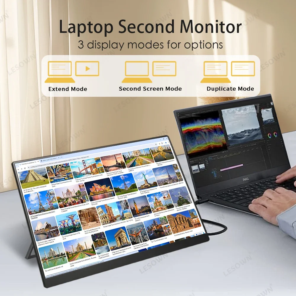 LESOWN 120Hz 2.5K 모니터 11.6, 14, 16 인치 IPS 3840x2160 UHD VESA 게이밍 외부 화면 USB-C 디스플레이, 스피커 플라스틱 쉘 포함