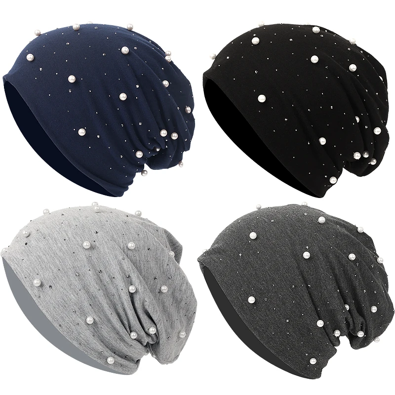 Women Pearl Rhinestones Beanie Headgear Solid Soft Autumn Winter Cap For Female Bonnet Fashion Knitted Autumn Outdoor Beanie 2