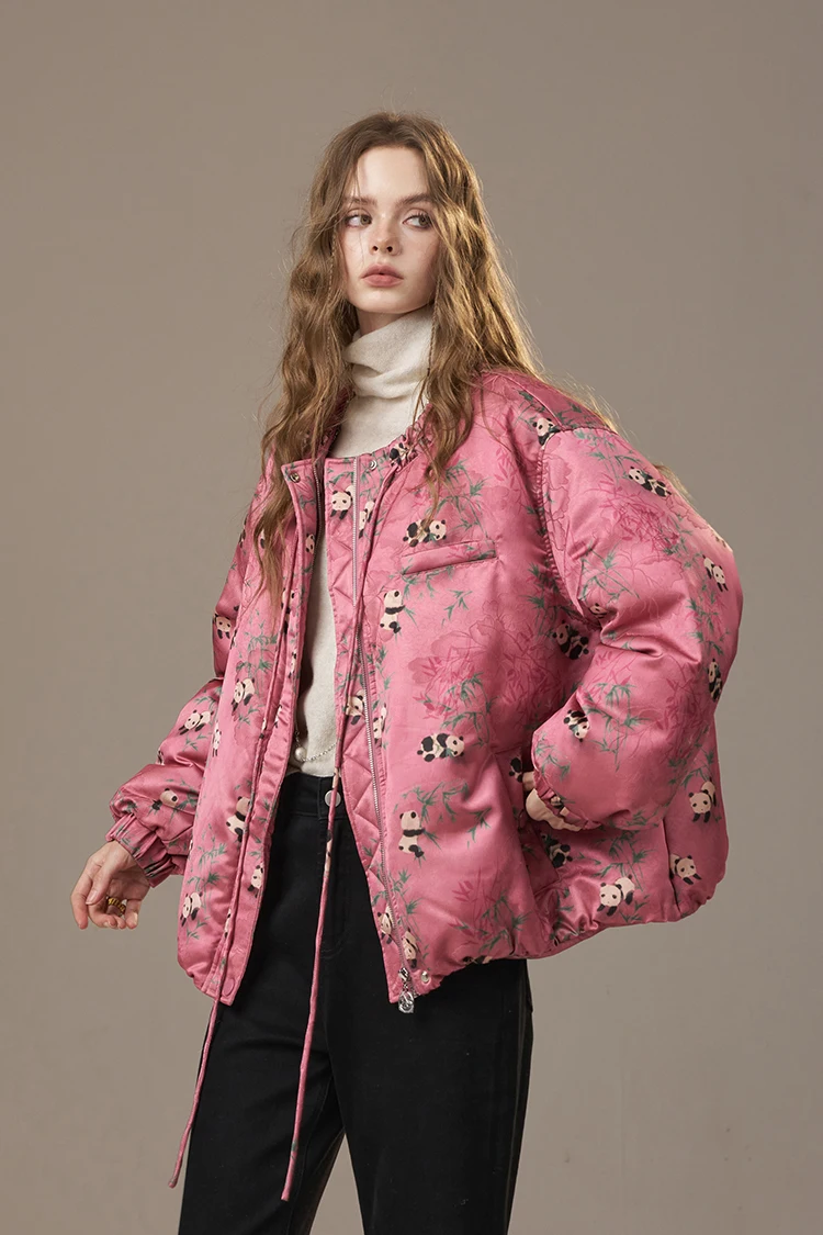 ELFSACK Women's Pink Panda Puffer Jacket with Drawstring, Warm Quilted Winter Coat, Cute Floral Print, Casual Street Style