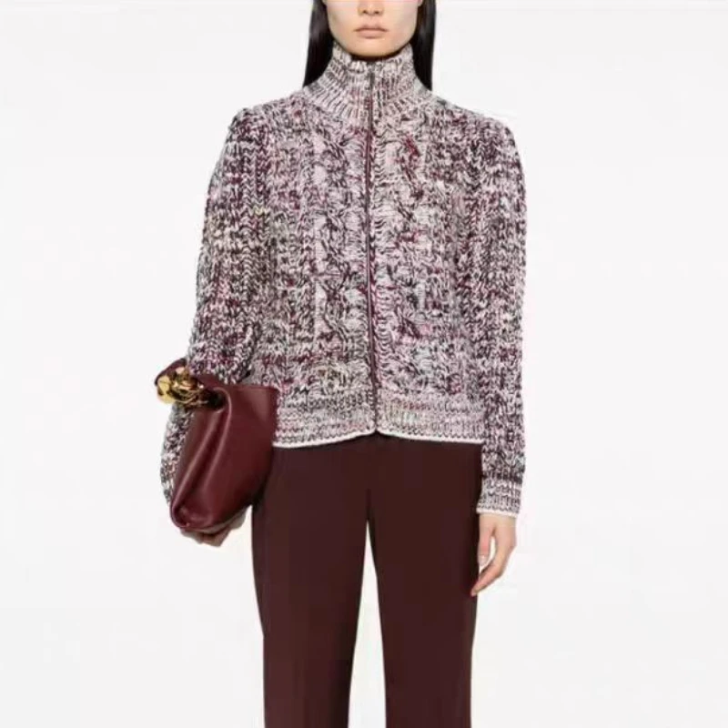 

Autumn and Winter Women Thick Cable Knit Mixed Color Zip-up Turtleneck Romane Cardigan Sweater
