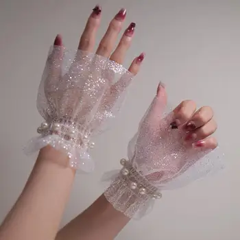 Attrezzatura fotografica per unghie Polso corto in pizzo con perle Maniche finte Polsino falso decorativo per sposa Articolo in tulle Nail art Scatta foto di sfondo