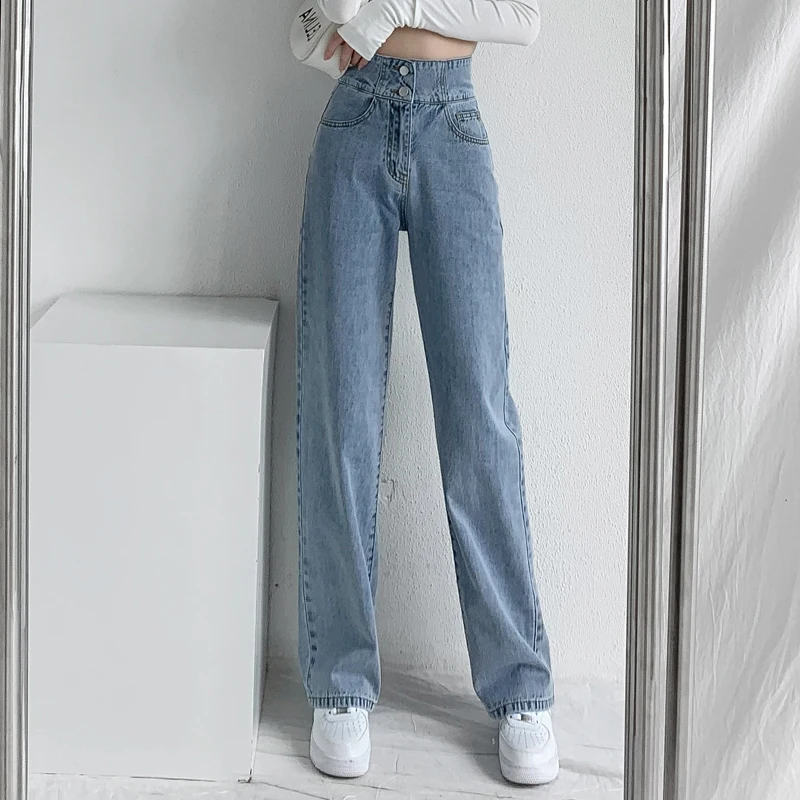 2022 New Jeans Women's Jeans Baggy High Waist Button Straight Pants Women Blue White Fashion Casual Loose  Trousers womens clothing Jeans