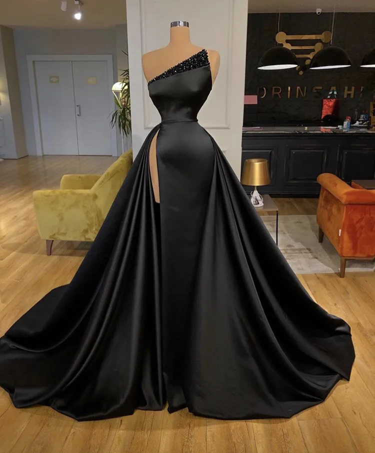 

One Shoulder Black Prom Dresses Mermaid Satin Formal Evening Gowns Woman Bridal Party Dress robe de soiree