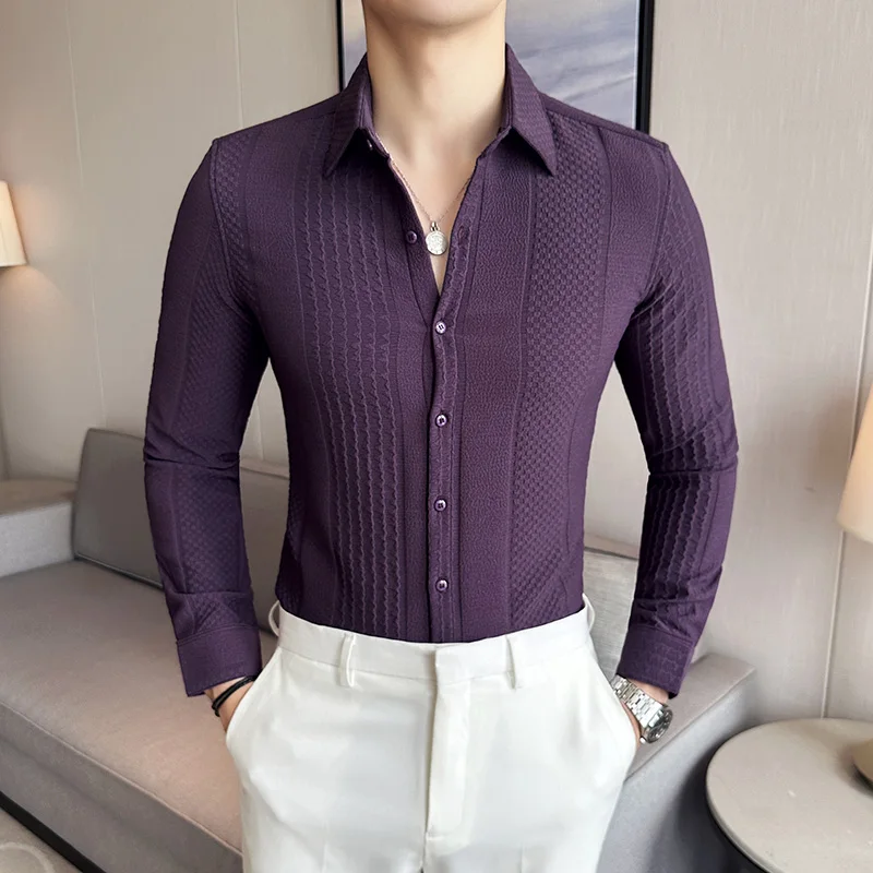 

Noble Purple Solid Color Long Sleeved Social Shirts for Men Vintage Business Slim Fit Striped Men's Dress Shirt Plus Size 4XL