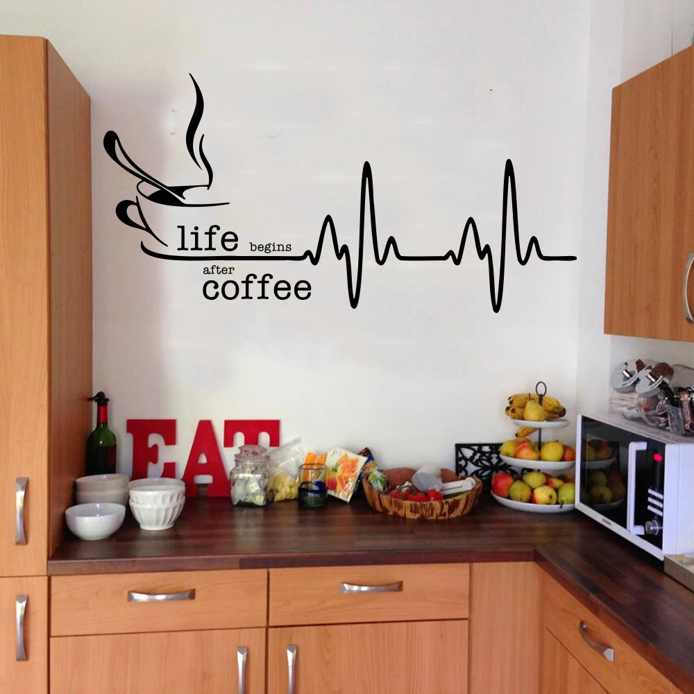 Life Begins After Coffee Heartbeat Wall Sticker Decal Kitchen Restaurant Cafe Shop Inspiral Quote Home Decor wall stickers