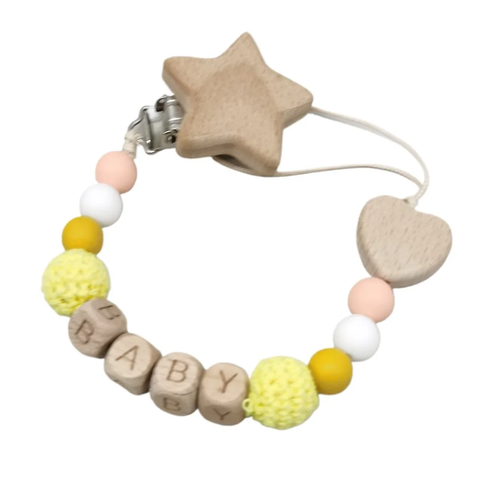 Personalized Name Baby Pacifier Clips Wooden Star & Heart Beads, Colorful Crochet Beads, Anti-Drop Soother Holders