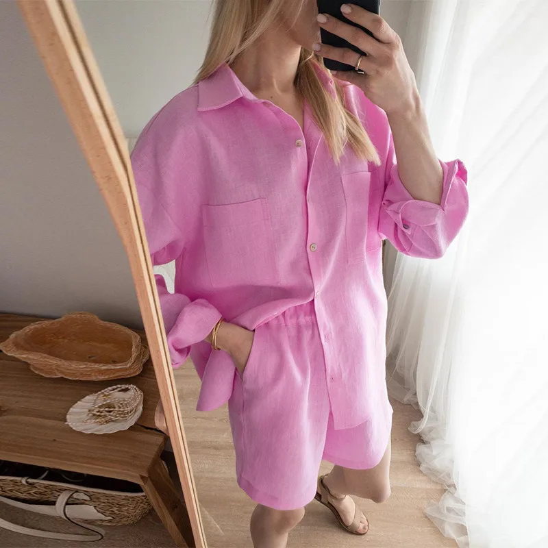 Europe Women's Fashion Cotton  Hemp Shirt  Tight Waist Shorts Suit Two-piece Commuting Casual  Spring Summer Women's  Beautiful