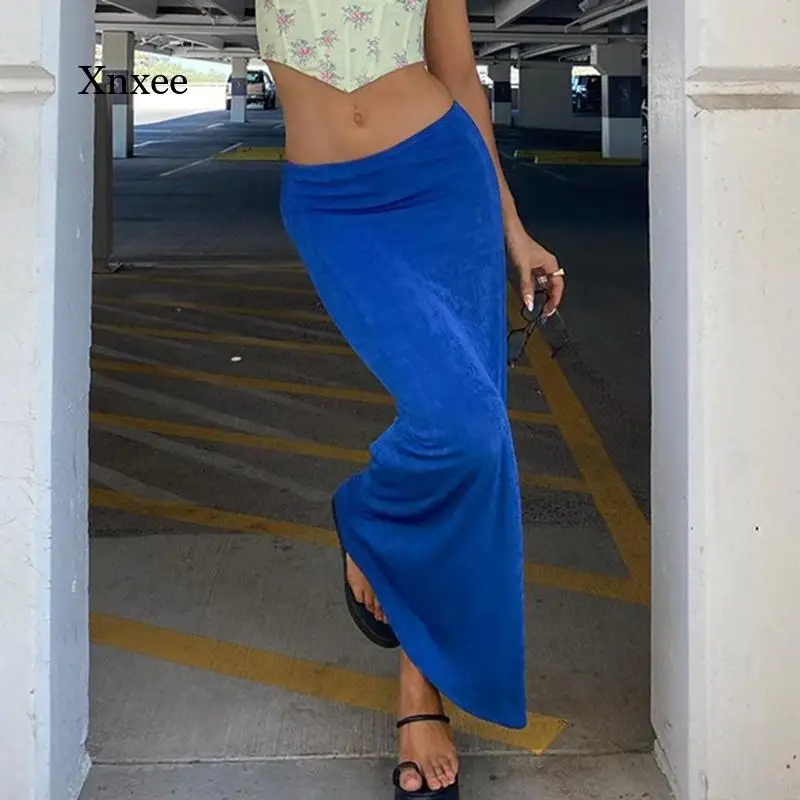 

Y2K Women Bodycon Midi Skirt High Waist Skinny Caual Vintage Blue Green Pencil Skirts Elegant Lady Fashion Streetwear Summer
