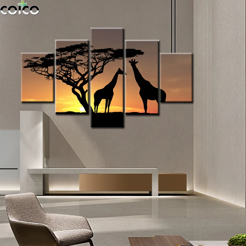 

5 Panel Deer Swan Elephant Painting with Frame Animal Sunset Landscape Canvas Print Poster Wall Art Canvas Modular Decor Picture
