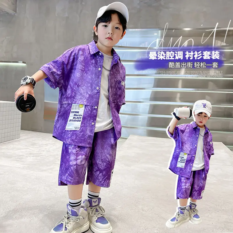 

New 2023 Korea Boy Summer Short Sleeve Shirts Children Clothing Trousers Casual Pants Cool 2Pcs Clothes All Match Sports Fashion