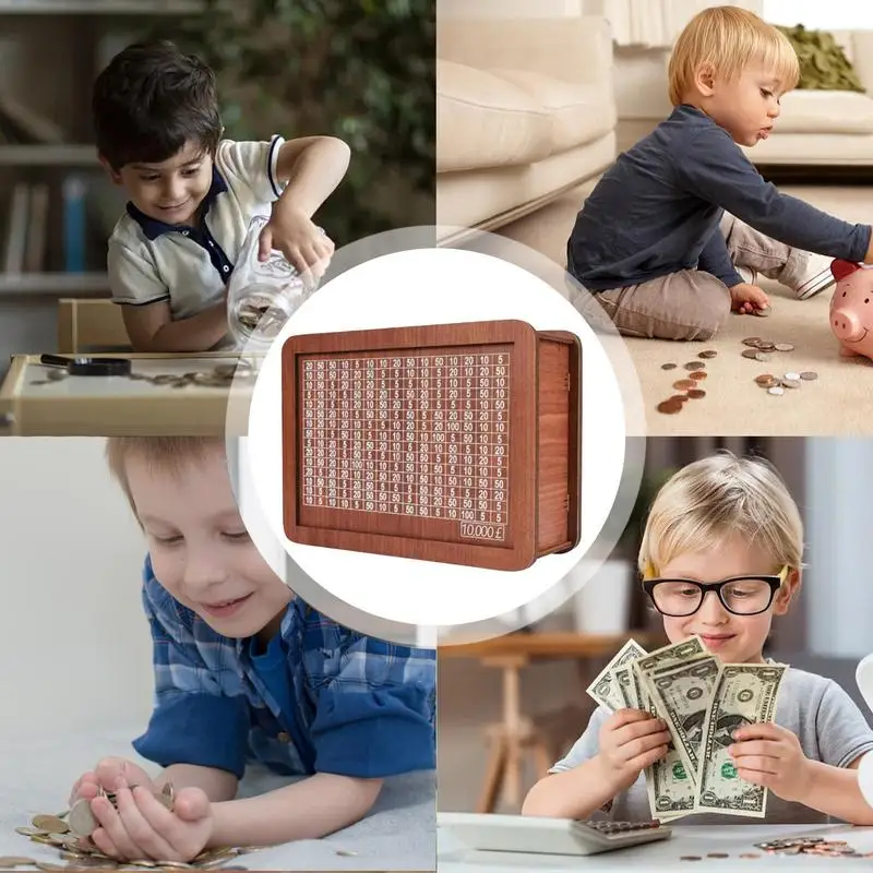 Wooden Money Box Cash Saving Money Bank Box For Adults Retro Reusable Wooden Money Box 10 000 Saving Challenge Wooden Money Jar 4
