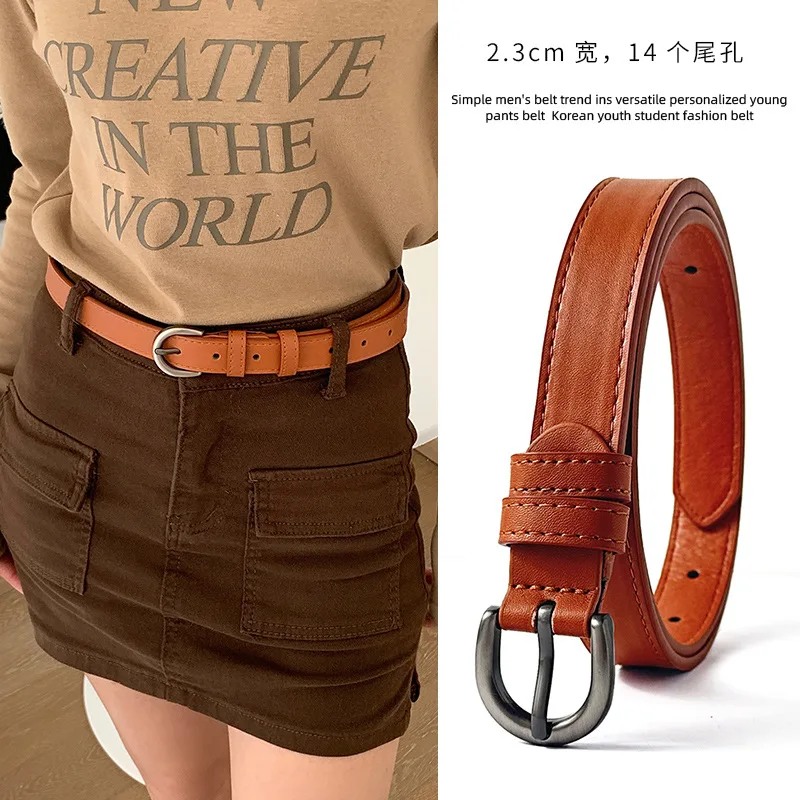 

Women's 2024 Thin Belt 110cm New INS Round Metal Buckle Belt Women Fashion Pin Buckle PU Thin Belts Female Jeans Dress Waistband