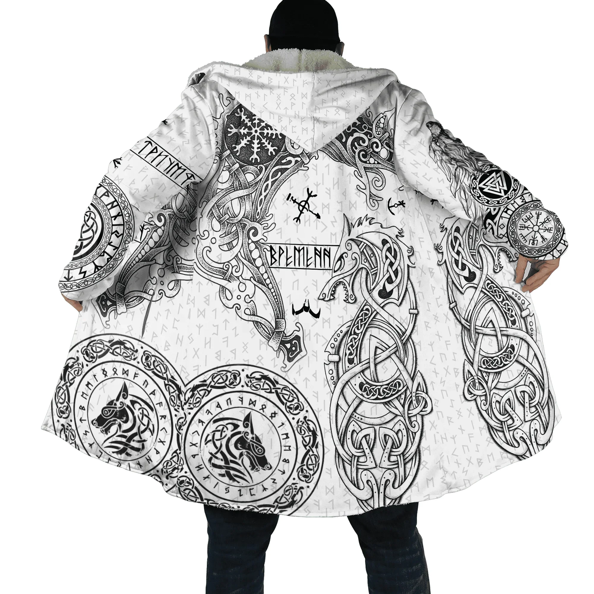 Mens Cloak Fenrir Wolf Tattoo Vegvisir Rune Tribal 3D Printed Fleece Hooded Cloak Unisex Casual Thick Warm Cape coat PF81 mens zaful ethnic tribal aztec printed zip up fluffy teddy sweatshirt m